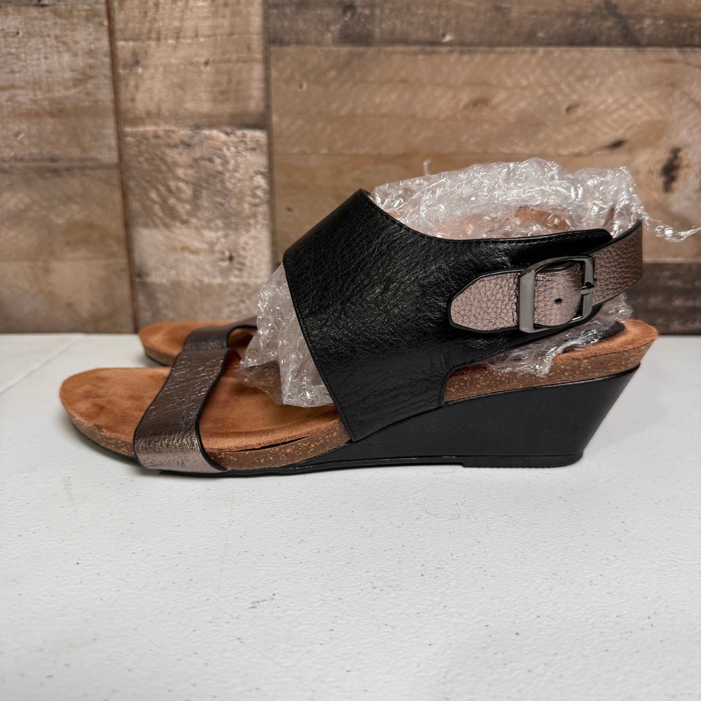 Sofft Wedge Sandals Womens 9.5 Black Bronze Leather Metallic Slingback 1280001